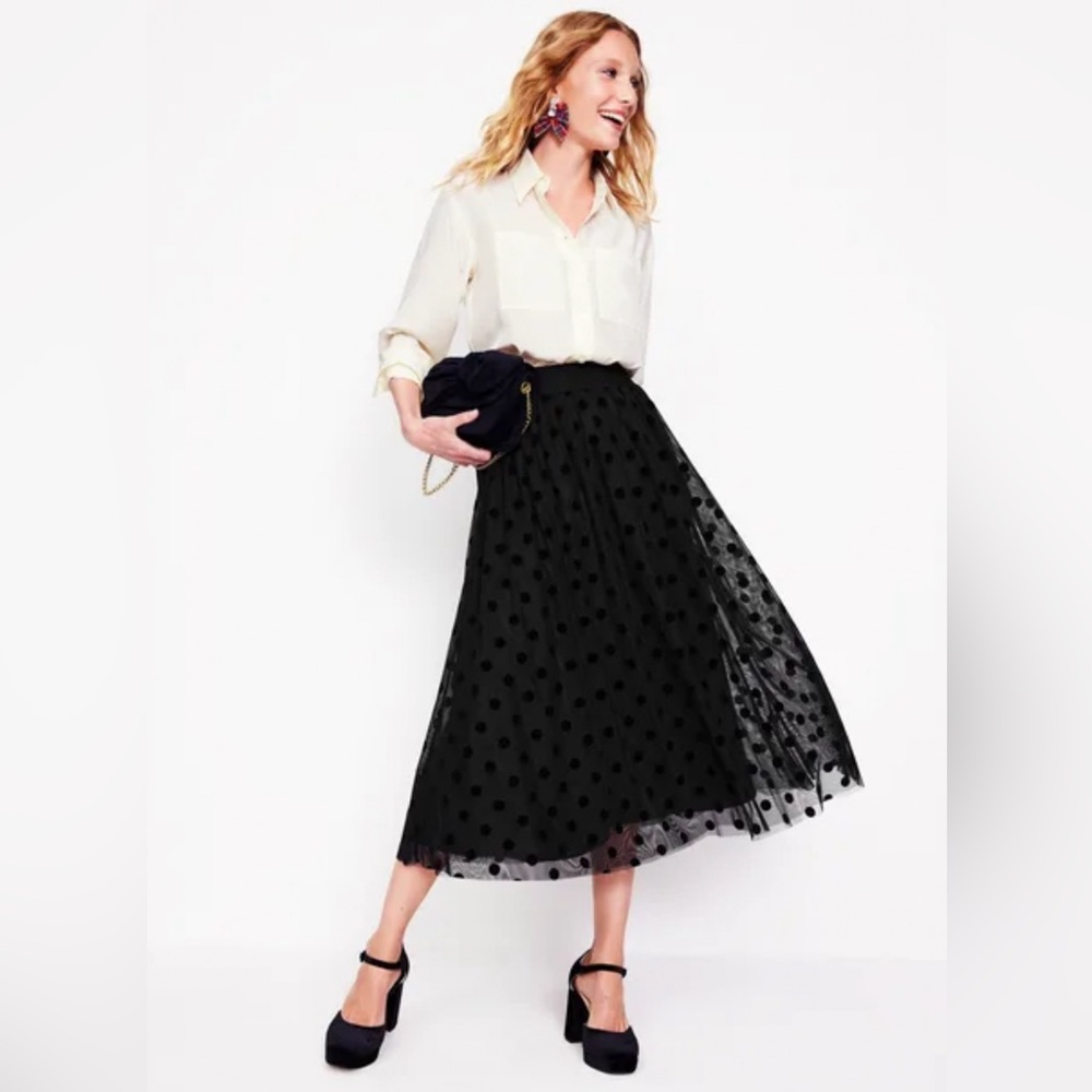 Boden Black Sheer Polka Dot Midi Skirt
